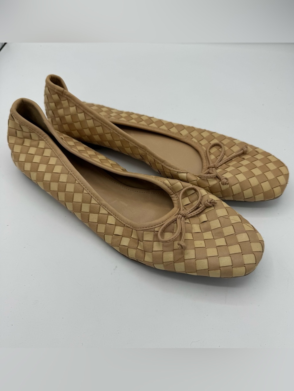 SCHUTZ Arissa cream and Tan Leather Woven ballet bow Flats Size 9.5 minimalist‎